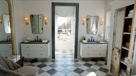 Nate and Jeremiah's 'Rock the Block' Home Sells Quickly in Georgia | realtor.com® The Block Bathroom, Nate Berkus Design, Checkerboard Tile, Rock The Block, Nate And Jeremiah, Standing Bathtub, Block House, Victorian Farmhouse, European Farmhouse