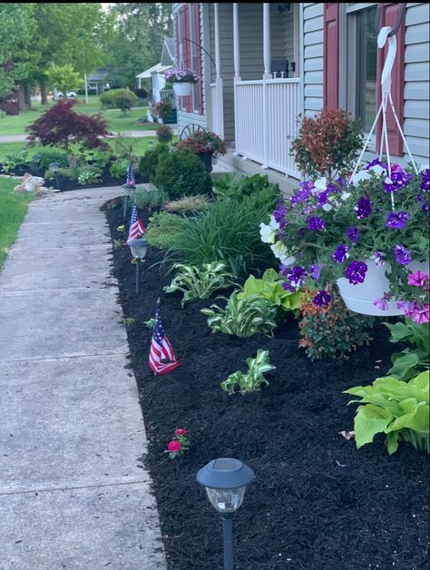 Black mulched base with a mix of full-sun, partial sun and shade plants. Love this combination for our front yard! Mulch Yard, Front Yard Flower Bed, Small Japanese Garden, Shade Plants, Flower Bed, Mulch, Japanese Garden, Flower Beds, Driveway