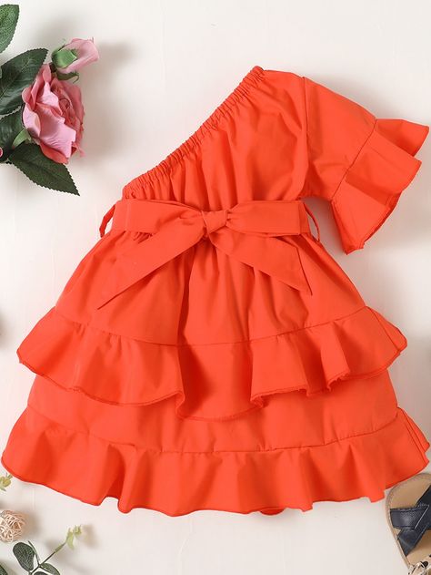 Orange Cute  Short Sleeve Polyester Plain A Line Embellished Non-Stretch Summer Baby Clothing Girls Orange Dress, Newborn Girl Dresses, Center Of Attention, Kids Fashion Dress, Baby Frocks Designs, Newborn Dresses, Layer Dress, Baby Outfits