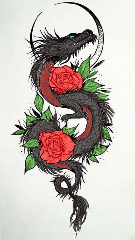 Red Dragon Black Flowers Tattoo, Baddie Tattoo Ideas Female Thigh, Dragon Roses Tattoo, Dragon With Roses Tattoo, Floral Dragon Tattoo, Dragon Tattoo Drawing, Side Hip Tattoos, Line Tattoo Ideas, Dragon Tattoo Art