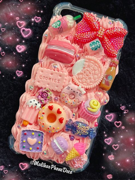 Decoden Phone Case Pink, Handmade Phone Case Ideas, Food Phone Cases, Tumblr Phone Case, Decoden Diy, Decoden Case, Cream Glue, Bling Phone Cases, Decoden Phone Case