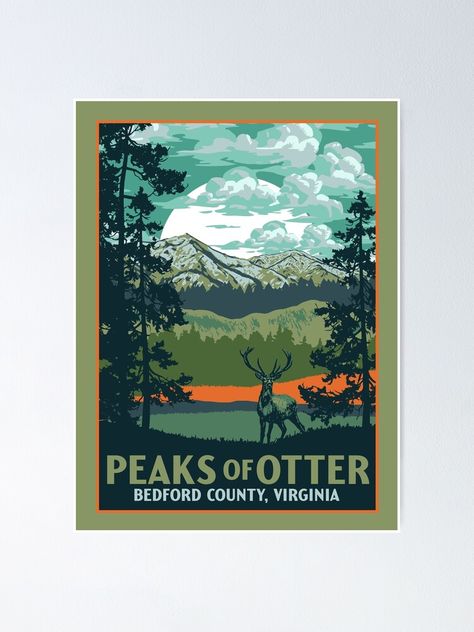 "Peaks of Otter Virginia Blue Ridge Parkway Original WPA Poster Style National Park Design" Poster by giantstepdesign | Redbubble Peaks Of Otter Virginia, Blue Ridge Georgia, Wpa Posters, Park Design, Outdoor Stickers, Great Smoky Mountains National Park, Smoky Mountain National Park, National Park Posters, Parking Design