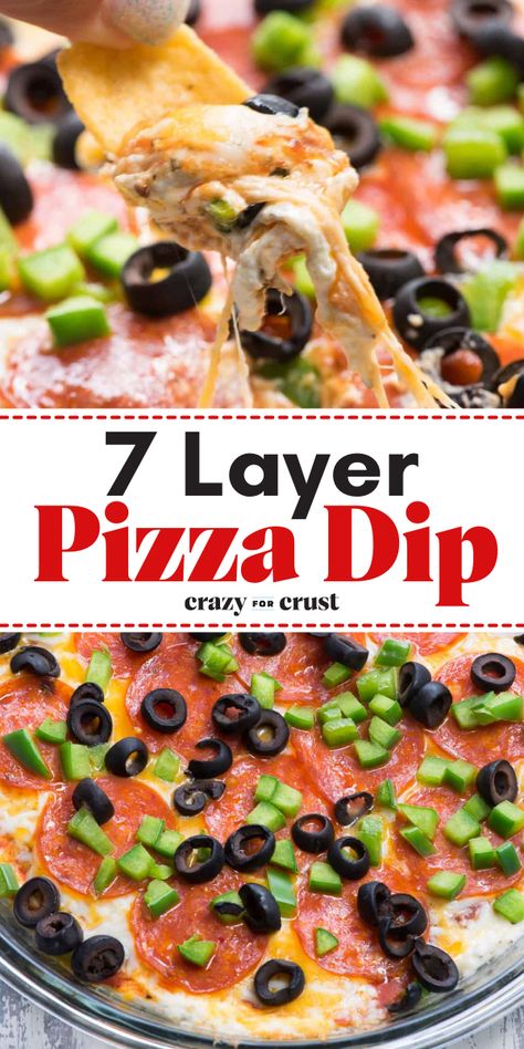 This delicious game day recipe lets you have the BEST 7 Layer Pizza Dip! With a combo of cream cheese, cheeses, sauce, and toppings, this layered pizza dip is a perfect party snack food. Save this easy appetizer recipe for party! Layered Dips For Parties, Hot Dips For Parties Appetizers, Layered Dips, Hot Pizza Dip, Savory Dips, Layered Dip Recipes, 7 Layer Dip, Hot Pizza, Pizza Dip