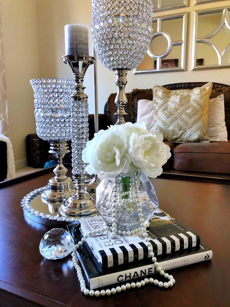 Classy Apartment Decor, Coffee Table Book Decor, Classy Apartment, Coffee Table Books Decor, Crystal Candle Holders, Elegant Coffee Table, Silver Trays, Hardcover Books, Crystal Candle Holder