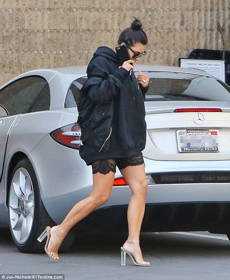 Leggy day: Kim flaunted her toned legs in a pair of clingy sheer lace shorts beneath bulky top layers and transparent high heels Sweats And Heels, Kylie Jenner Street Style, Bruce Jenner, Kim K Style, Kardashian Outfit, 2016 Fashion Trends, Kim Kardashian Style, Rich Girl Lifestyle, Celebrity Workout