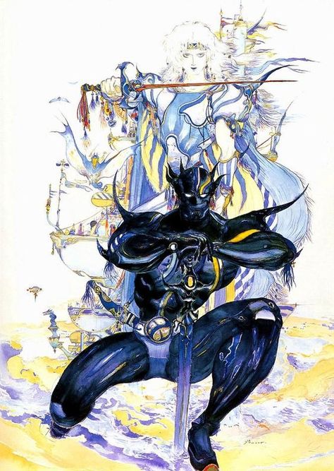 Amano Yoshitaka, Final Fantasy IV packaging, 1991, acrylic and colored ink, Worlds of Amano p.147. Robert E Howard, Final Fantasy Iv, Yoshitaka Amano, Final Fantasy Vi, Galleria D'arte, Final Fantasy Artwork, Final Fantasy Art, Arte Fantasy, Japanese Artists