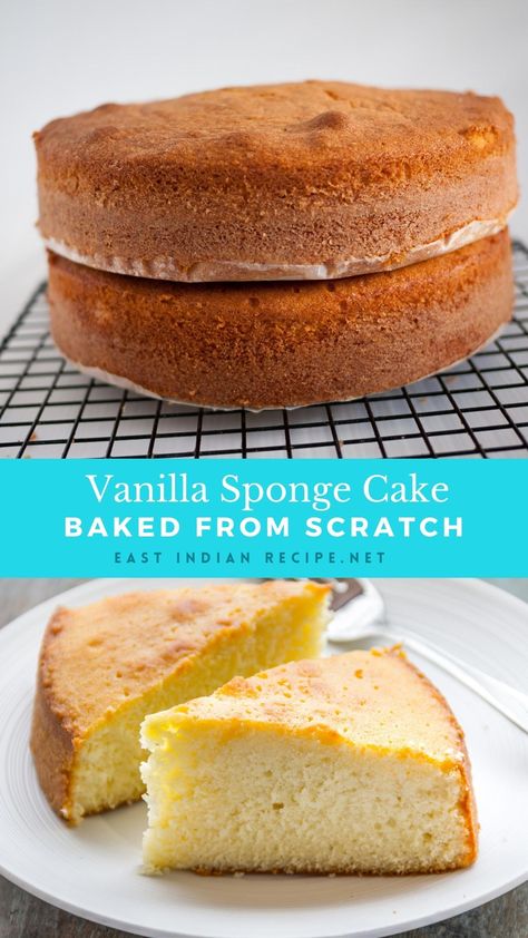 Sponge Cake Recipe - Vanilla Sponge - East Indian Recipes  ||  This is a basic vanilla sponge cake recipe often referred to as a plain cake or vanilla cake. Made with all-purpose flour (maida), eggs, sugar, and butter this cake is one that can be used to make many different variations like orange, lemon, fruits, and trifles. 2 Egg Cake Recipe, Cake Recipe Using Cake Flour, Basic Cake Recipe, East Indian Recipes, Sponge Cake Recipe Best, Basic Sponge Cake Recipe, Basic Sponge Cake, Vanilla Sponge Cake Recipe, Easy Sponge Cake Recipe