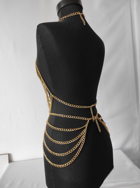 Chain Rave Outfit, Festival Body Jewellery, Chain Body Harness, Full Body Chain, Bra Chain, Dresses And Heels, Body Chain Harness, Gold Body Chain, Dancer Costume