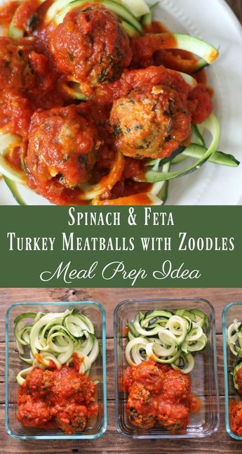 Meal Prep Idea: Spinach and Feta Turkey Meatballs with Zoodles #mealprep #mealprepidea High Protein Meal Prep, High Protein Low Carb Recipes, Turkey Meatballs, Spinach And Feta, Zucchini Noodles, Diet Keto, Healthy Dishes, Lunch Snacks, High Protein Recipes