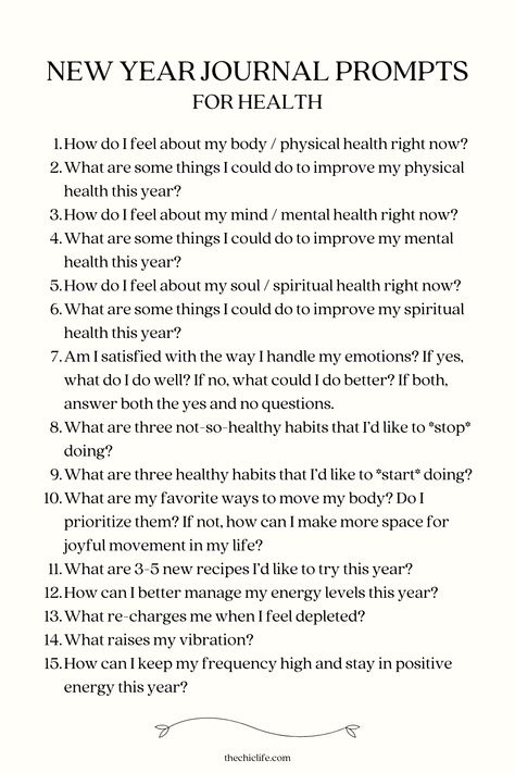 Call in your healthiest new year yet with the help of these New Year Journal Prompts. May these writing prompts help you with your health goals and intentions. Use these journaling prompts to get clarity and plan your best year yet. Click for 100 New Year journal prompts for other topics including New Year themes and self-reflection. Plus, get a FREE printable PDF. Happy New Year! January Journal Prompts, Journal Prompts For Adults, Mindfulness Journal Prompts, Gratitude Prompts, Mental Health Nursing, Journal Organization, Vision Board Affirmations, Writing Therapy, Mindfulness Journal