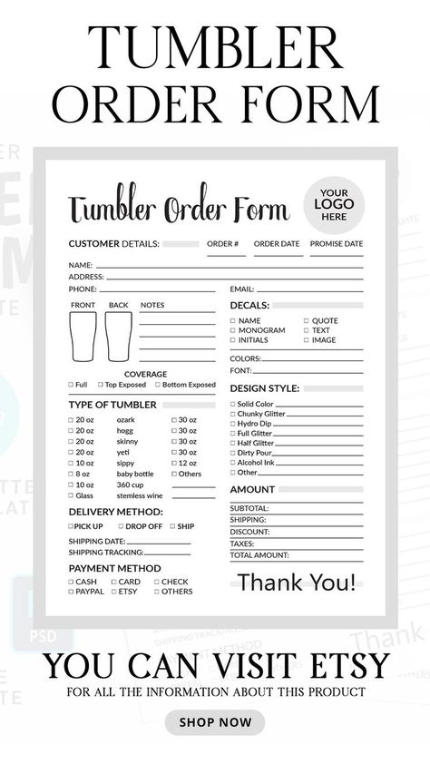 Tumbler Order Form Templates Minimalist Tumbler, Tumbler Order Form, Small Business Forms, Diy Vinyl Projects, Glass Tumbler Design, Purchase Order Form, Order Tracker, Custom Order Form, Order Form Template Free