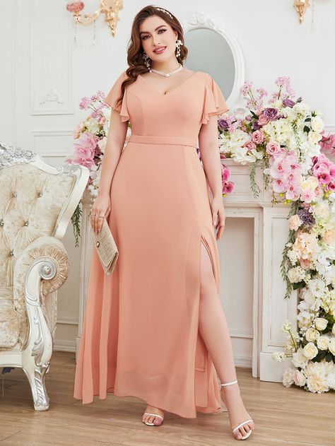 Baby Pink Elegant  Short Sleeve Chiffon Plain A Line Embellished Non-Stretch  Weddings & Events Peach Dress Outfit Wedding, Peach Color Dress, Big Size Dress, Plus Size Bridesmaid, Floral Chiffon Dress, Vestido Plus Size, Chiffon Floral, Peach Dress, Bridesmaid Dresses Plus Size