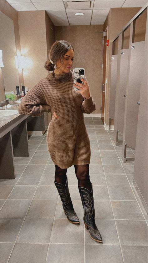 Sweater Dresses With Cowboy Boots, Sweater Dress And Boots Outfit, Western Church Outfit Winter, Sweater Dress And Cowboy Boots, Sweater Dress With Cowboy Boots, Sweater Dress Cowboy Boots, Brown Sweater Dress Outfit, Sweater Dress With Boots, Cowboy Boots Sweater Dress