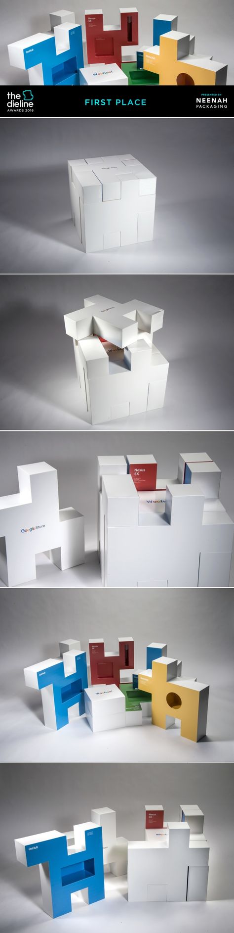 The Dieline Awards 2016: Google Store Puzzle PR Box- Structural Graphics — The Dieline | Packaging & Branding Design & Innovation News Puzzle Box Packaging Design, Innovative Box Packaging, Creative Pr Box Ideas, Creative Pr Package Ideas, Puzzle Packaging Design, Design Products Ideas, Puzzle Packaging, Creative Giveaways, Structural Packaging