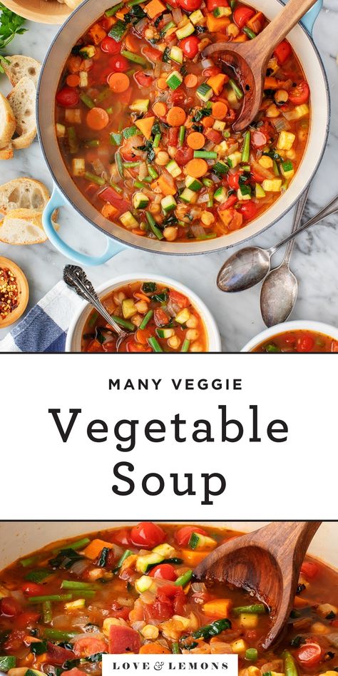 The BEST vegetable soup recipe! Make this nourishing, easy vegetable soup with whatever veggies you have on hand. It's a perfect healthy dinner or lunch, and it tastes even better on the second day! | Love and Lemons #soup #vegan #mealprep #dinnerideas #cleaneating Best Vegetable Soup, Best Vegetable Soup Recipe, Vegan Vegetable Soup, Easy Vegetable Soup, Roasted Vegetable Pasta, Vegetable Soup Recipe, Easy Vegetable, Vegetable Pasta, Vegetable Soup Recipes