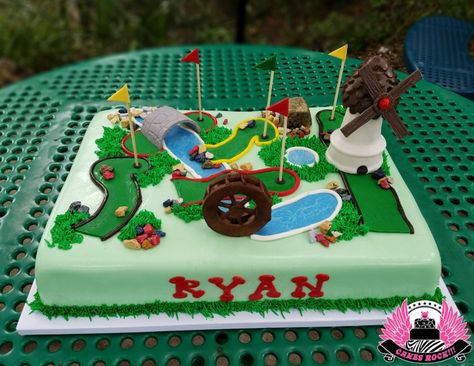 Ryans' mini golf cake Mini Golf Cake Ideas, Mini Golf Birthday Cake, Kids Golf Cake, Golf Cakes For Kids, Mini Golf Cake, Golf Cake Ideas, Mini Golf Birthday Party, Mini Golf Party, Monster Birthday Cakes