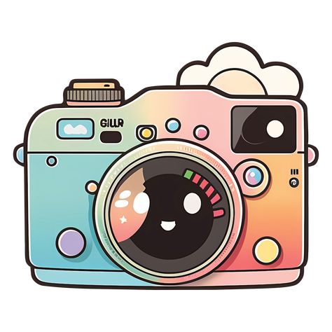 Kawaii Style Film Camera Sticker .This design is a cute and charming film camera in pastel colors that exudes a kawaii style, making it perfect for anyone who loves photography and cute aesthetics. Cute Camera Stickers, Photography Illustration Camera, Cute Camera Drawing, Camera Illustration Design, Polaroid Camera Illustration, Photography Stickers, Photo Kawaii, Cartoon Camera, Camera Clip Art