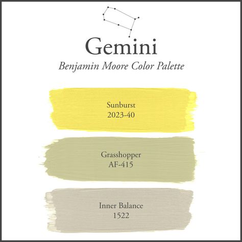 Benjamin Moore on Instagram: “Sunny hues ahead! It's #GeminiSeason and we're celebrating with a color palette as bright and playful as this creative Sun sign. It may…” Gemini Color Palette, Gemini Colours, Gemini Symbolism, Gemini Astrology Art, Gemini Color, Zodiac Signs Colors, Palette Wall, Drawing Desk, Blue Green Paints