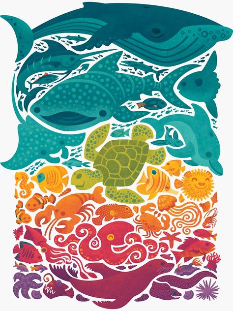 "Aquatic Spectrum" Sticker by Waynem79 | Redbubble Spectrum Illustration, Ocean Illustration Art, Sea Creatures Illustration, Aquatic Illustration, Sea Animals Art, Sea Illustration Art, Ocean Animal Art, Easy Digital Art, Sea Life Illustration