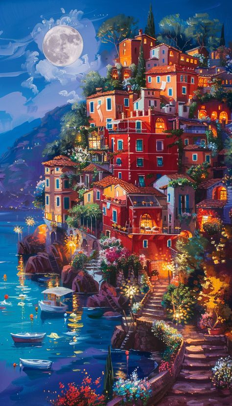 Scenery Paintings Acrylic, Italian Village Aesthetic, Italy Landscape Painting, Classic Anime Style, Random Encounters, Dark Pics, Art Collaboration, Anime World, Dreamy Artwork