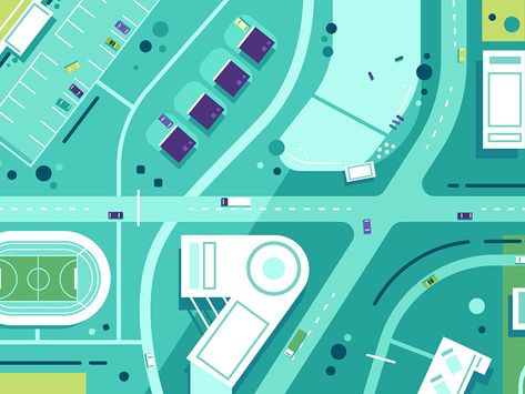 City traffic from above by Jorik Feskens Aerial Illustration, Birds Eye View City, City Traffic, Color Mood, Animated Videos, Explainer Video, City Illustration, Road Safety, Video Wall