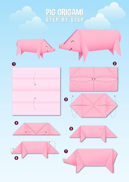 Instrucciones de origami de cerdo paso a... | Premium Vector #Freepik #vector #geometrico #papel #animal #forma Origami Parrot, Origami Guide, Easy Origami Animals, Origami Pig, Origami Easy Step By Step, Origami Step By Step, Cute Origami, Origami Love, Homeschool Crafts