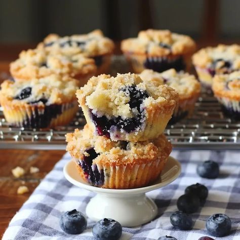 Wild Blueberry Lemon Crumb Cakes - Grammy Recipes Wild Blueberry Recipes, Lemon Crumb Cake, Crumb Cakes, Blueberry Scones Recipe, Wrapped Asparagus, Bacon On The Grill, Bacon Wrapped Asparagus, Caramel Frosting, Blueberry Scones