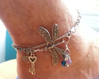 Dragonfly anklet | Etsy Dragonfly Anklet, Winter Bracelet, Jewelry Anklets, Bracelet With Charms, Lavender Opal, Dragonfly Bracelet, Spring Bracelet, Dragonfly Jewelry, Don't Quit