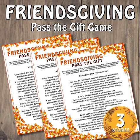 Thanksgiving Pass the Gift Game for Friendsgiving - Dive into Festive Fun with a Heartfelt Gift Exchange Game for Instant Download Inject a dose of camaraderie and gratitude into your Friendsgiving celebrations with our Thanksgiving Pass the Gift Game! In this spirited game, participants pass gifts to the left or right as they delve into a Friendsgiving tale brimming with thankfulness, friendship, and playful twists. Everyone will be buzzing with curiosity: Who will be the fortunate one to unwrap the coveted gift? The suspense will have friends sharing laughter and anticipation! Perfect for Friendsgiving gatherings, friendly dinners, or any festive occasion. Our Thanksgiving Pass the Gift Game is the quintessential way to strengthen bonds and celebrate the essence of gratitude among friend Relief Society Friendsgiving, Friendsgiving Gift Ideas, Friendsgiving Games For Adults, Friendsgiving Gifts, Pass The Gift Game, Pass The Parcel, Friendsgiving Games, Thanksgiving Planning, Friendsgiving Decorations