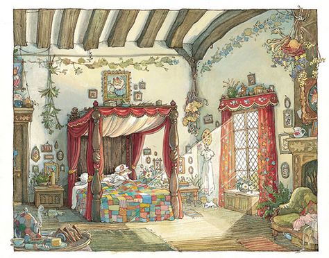 Brambly Hedge Spring Story Susan Wheeler, Jill Barklem, Brambly Hedge, 동화 삽화, Canopy Bed, Beatrix Potter, Childrens Illustrations, Childrens Art, Children's Book Illustration