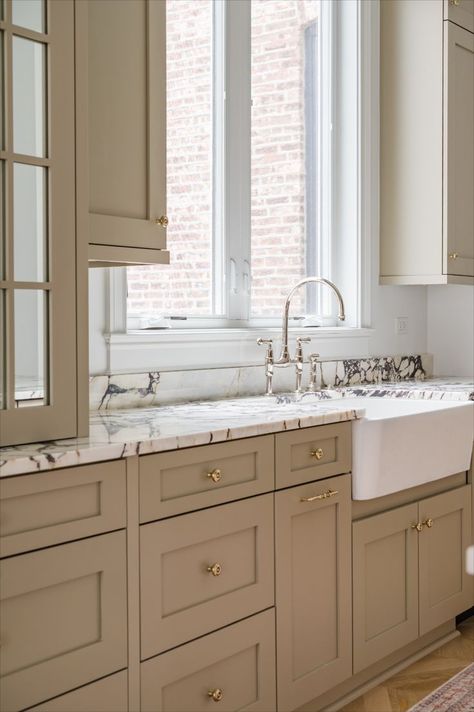 Tan Cabinets, Tan Kitchen Cabinets, Real Estate Interior Design, Victorian Home Renovation, Tan Kitchen, Apron Front Kitchen Sink, Countertop Cabinet, Estate Interior, Calacatta Marble