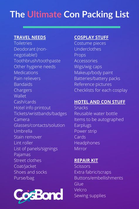 Cosplay Survival Guide: The Ultimate Con Packing List | CosBond Adhesive Solutions Cosplay Packing List, Convention Packing List, Strip Cards, Cosplay Convention, Contact Solution, Your Cosplay, Toothbrush Toothpaste, Lint Roller, Packing List For Travel