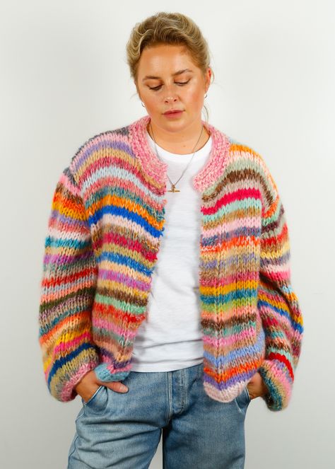 DAWN X DARE Gabi Knit Cardi in Mutli – shopatanna Knit Cardigan Pattern, Knit Cardi, Yarn Inspiration, Colored Cardigans, Mohair Cardigan, Hand Knitted Sweaters, Cardigan Pattern, T Shirt And Jeans, Striped Cardigan