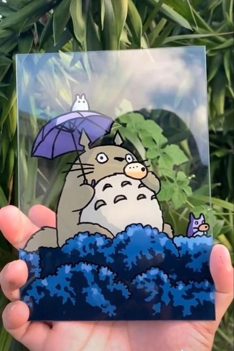 Glass Paintings Aesthetic, Studio Ghibli Painting Tutorial, Totoro Glass Painting, Simple Anime Painting Ideas, Anime Glass Art Painting, Painting On Glass Anime, Studio Ghibli Glass Painting, Totoro Canvas Painting, Anime Glass Painting Tutorial