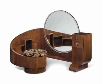 A FRENCH ART DECO BRAZILIAN ROSEWOOD CURVED DRESSING TABLE WITH SEAT AND CIRCULAR MIRROR CIRCA 1930 Dressing Table Without Mirror, Vanity Table Art Deco, 70s Dressing Table, Art Deco Makeup Vanities, 60s Dressing Table, Art Deco Vanity Dressing Tables, Deco Dressing, Art Deco Dressing Table, Dressing Table With Mirror