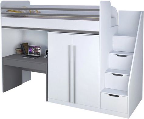 Polini Hoogslaper met Bureau en Kast 'City' - Grijs Ikea Loft Bed, Loft Bed Plans, Bunk Bed With Desk, Kids Loft, Bed With Desk, Kids Loft Beds, Bed Desk, Room Design Bedroom, Childrens Beds