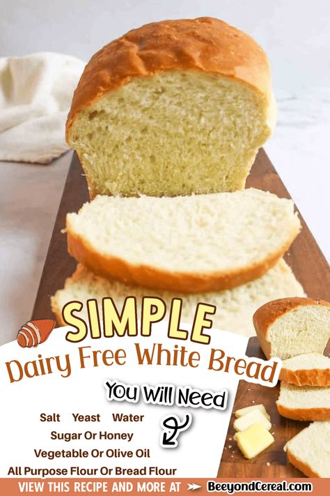 If you're looking for a soft and chewy white bread that's perfect for sandwiches, toast, and snacking- this recipe is it! Best part? It's completely dairy free (and technically vegan too!) This white bread recipe is easy, simple, and PERFECT for beginner bread makers. Speaking of bread makers, I've included steps below and on the recipe card explaining how to make dairy free white bread in the bread machine if you don't wish to make it by hand. Non Dairy Bread Recipe, Bread In The Bread Machine, White Bread Machine Recipes, Zojirushi Bread Machine, Dairy Free Bread, Alpha Gal, Homemade Baked Bread, Homemade White Bread, White Bread Recipe