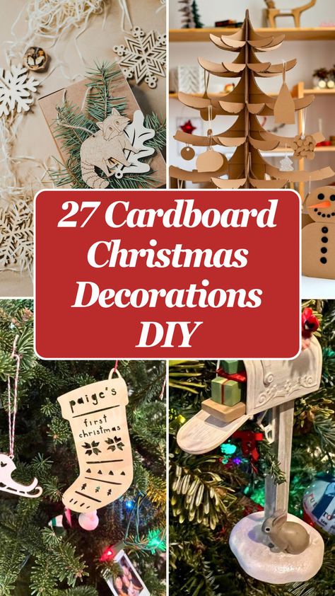 A cozy collection of DIY cardboard Christmas decorations, featuring festive ornaments like snowflakes, a Christmas tree, and stockings. The image highlights creative ideas for holiday crafts, making it perfect for seasonal inspiration. Cardboard Christmas Decorations, Cardboard Christmas Ornaments, Cardboard Creations, Holiday Decor Ideas, Cardboard Christmas, Magical Decor, Christmas Decorations Diy, Easy Christmas Wreaths, Can Diy