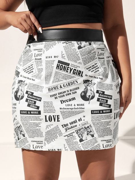 SHEIN EZwear Plus Newspaper Print Contrast PU Leather Waist Skirt Crop Blazer, Newspaper Printing, Fabric Letters, Taylor Swift Outfits, Taylor Swift Concert, Plus Size Skirts, White Casual, Waist Skirt, Plus Clothing