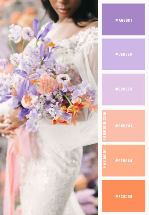 Lilac Color Palette Wedding, Wedding Color Palette Purple, Colour Schemes Wedding, Classy Wedding Colors, Peach Purple Wedding, Lilac Wedding Colors, Wedding Colour Schemes, Lilac Wedding Themes, Orange Purple Wedding