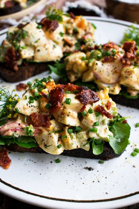 Bacon & Egg Salad on Rye Toast - The Original Dish Open Face Sandwich, Breakfast Toasts, Bacon Egg Salad, The Original Dish, Rye Toast, Classic Egg Salad, Tuna And Egg, Sandwich Ideas, Egg Salad Sandwiches