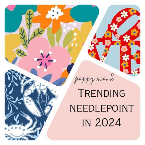 Poppy Monk's Picks: Trending Needlepoint Designs for 2024. Needlepoint Patterns Free, Funny Needlepoint, Dog Needlepoint, Trending Crafts, Needlepoint Tapestry, Modern Color Palette, Needlepoint Stitches, Trends For 2024, Wool Thread