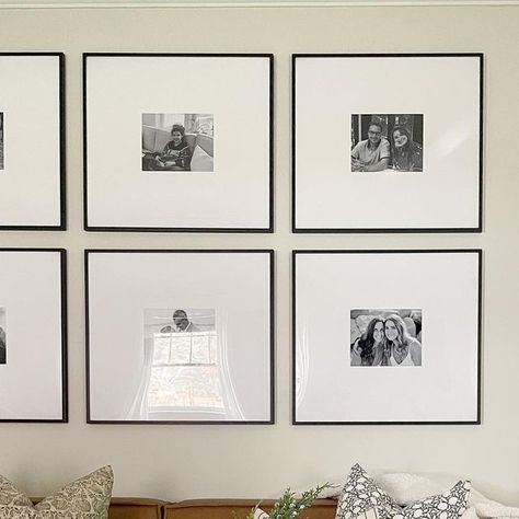 Sherri Calnan on Instagram: "One of my most asked questions: Where are your frames from? These gallery frames are from Frame It Easy and I love them so much! They’re the Ashford Frame in Satin Black, 25” wide x 23” tall with a 8x10 opening. I should probably think about updating the photos but that’s a whole other project! Do you change out your framed photos often? Shop this room by clicking the link in my profile or by following me on the LTK @shop.ltk app #homeinspo #sherricalnanhome # Square Frames Above Bed, Black Frame Photo Gallery Wall, Black Frames On Wall Living Room, Frame It Easy, Gallery Wall 9 Frames, Sherri Calnan, Frames Above Bed, Gallary Wall, Square Pictures