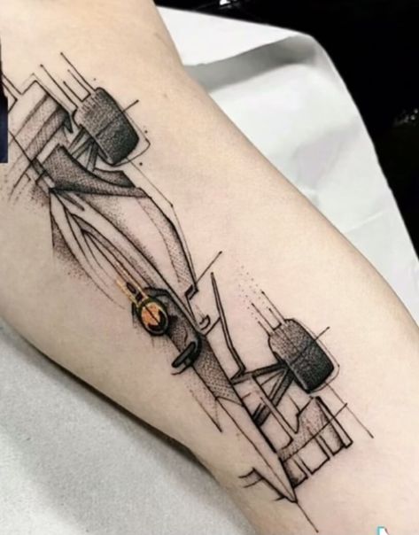 F1 Minimalist Tattoo, Simple Car Tattoo For Women, Formula One Tattoo Ideas, Back To The Future Tattoo Ideas, Formula 1 Tattoos, Redbull Tattoo, Car Related Tattoos, Auto Tattoo Ideas, F1 Car Tattoo