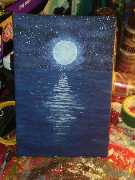 Midnight Moon over water acrylic painting. #acrylicpainting #moonpainting #oceanpainting Painting Ideas For Acrylic Paint, Water Painting Aesthetic Easy, Midnight Acrylic Painting, Midnight Canvas Painting, Moon And Water Painting, Moon On Water Painting, Moonlight Painting Acrylics, Painted Moon Acrylic, Paint Inspo Easy Acrylic Abstract