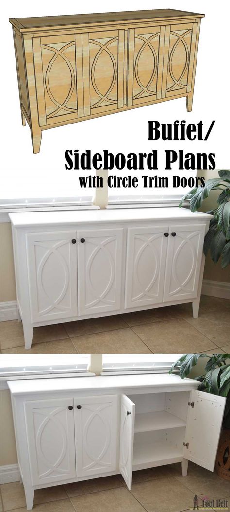 DIY Buffet or Sideboard with circle trim doors. This buffet cabinet boasts plenty of dining/kitchen supply storage. Free building plans. Diy Buffet, Diy Sideboard, Free Building Plans, Kitchen Supply, Buffet Cabinet, Wood Plans, Dining Kitchen, Sideboard Furniture, Woodworking Plans Free