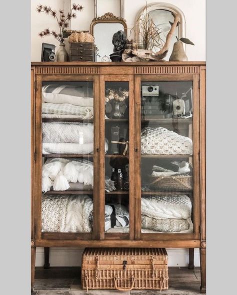 Cabinet Under Window Bedroom, Styling Top Of Armoire Living Rooms, French Farmhouse Bookshelf, Clocks On Shelf, Harry Potter Herbology Room, Old Country Home Decor, Updated Curio Cabinet Ideas, Traditional Style Furniture, Estate Sale Display Ideas