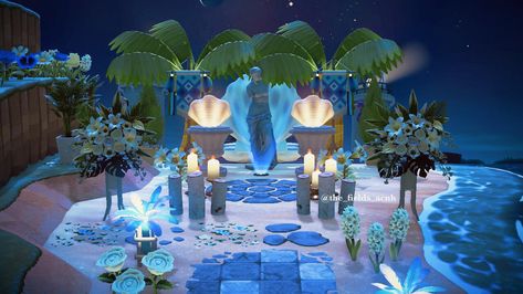 Dormant Volcano Acnh Ideas, Acnh Shell Fountain Ideas, Acnh Center Piece, Mermaidcore Animal Crossing, Greek Mythology Island Acnh, Acnh Fairytale Designs, Acnh Shrine Ideas, Fairy Island, Mermaid Island