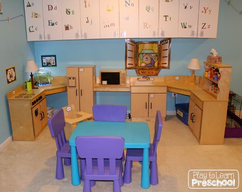 We refreshed the play materials in our housekeeping center.  |Play to Learn Preschool| Kitchen Dramatic Play, Preschool Room Decor, Toddler Kitchen Set, Play To Learn Preschool, Dramatic Play Activities, Play Preschool, Preschool Room, Daycare Decor, Preschool Decor