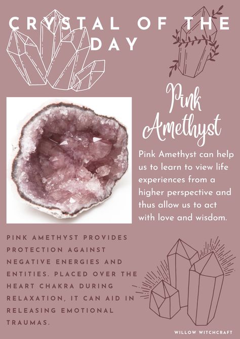 Willow Witchcraft Pink Amethyst Crystal Meaning, Geode Crystals Meaning, Pink Amethyst Meaning, Pink Amethyst Crystal, Crystal Witch, Earth Gift, Crystal Aesthetic, Crystal Guide, Crystals Healing Properties